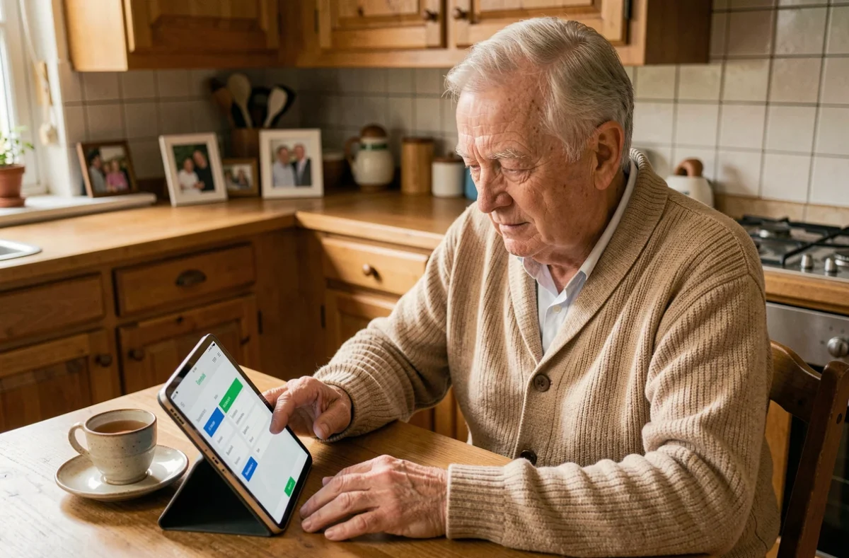 Personne âgée consultant son espace de gestion de tutelle en ligne sur une tablette depuis son domicile