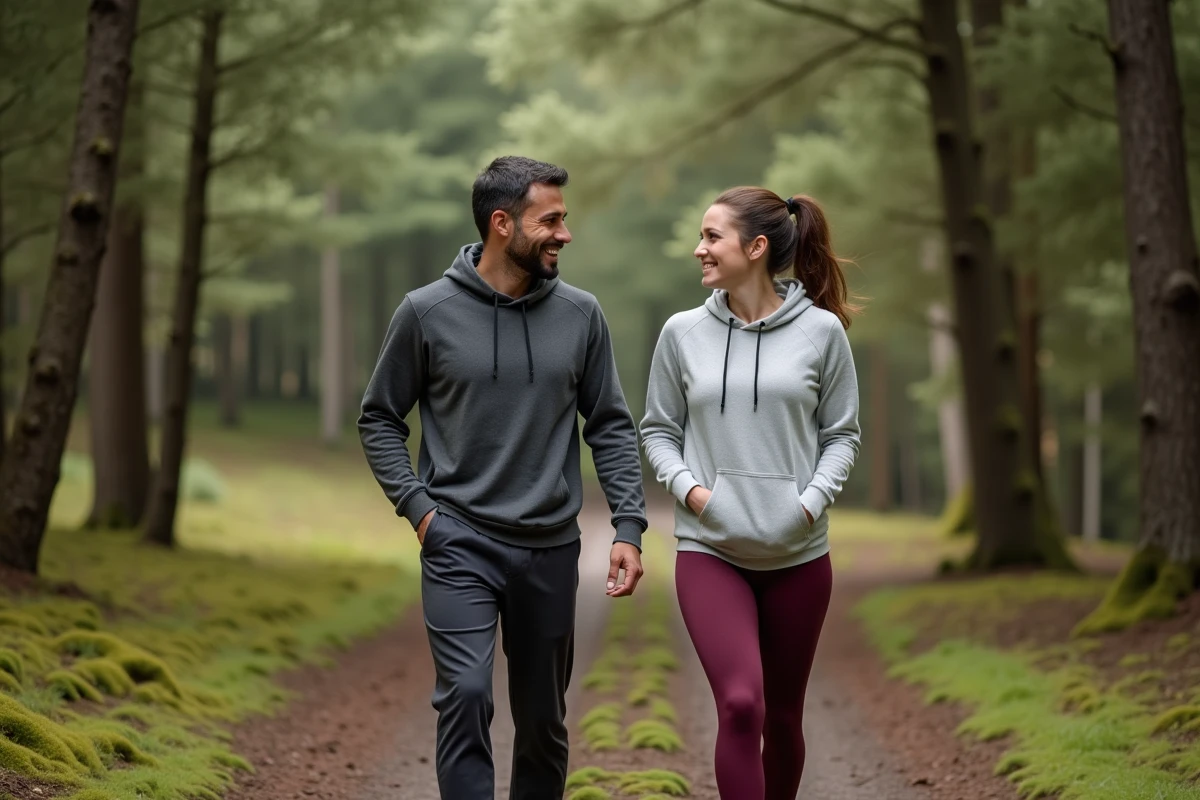 Couple de jeunes adultes marchant ensemble sur un sentier forestier en tenue de sport
