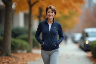 Femme de 45 ans marchant à allure rapide sur un chemin urbain bordé d'arbres en automne