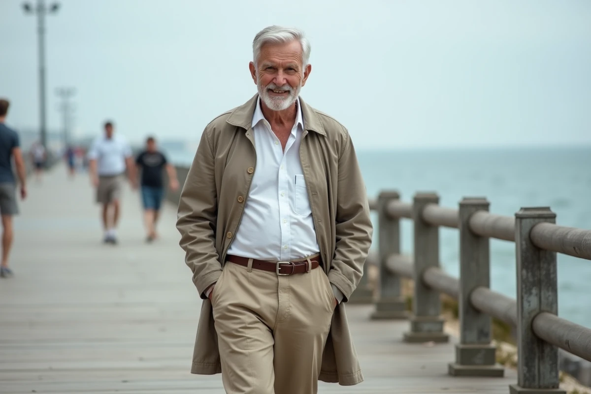 Homme âgé de 70 ans marchant tranquillement sur une promenade en bord de mer